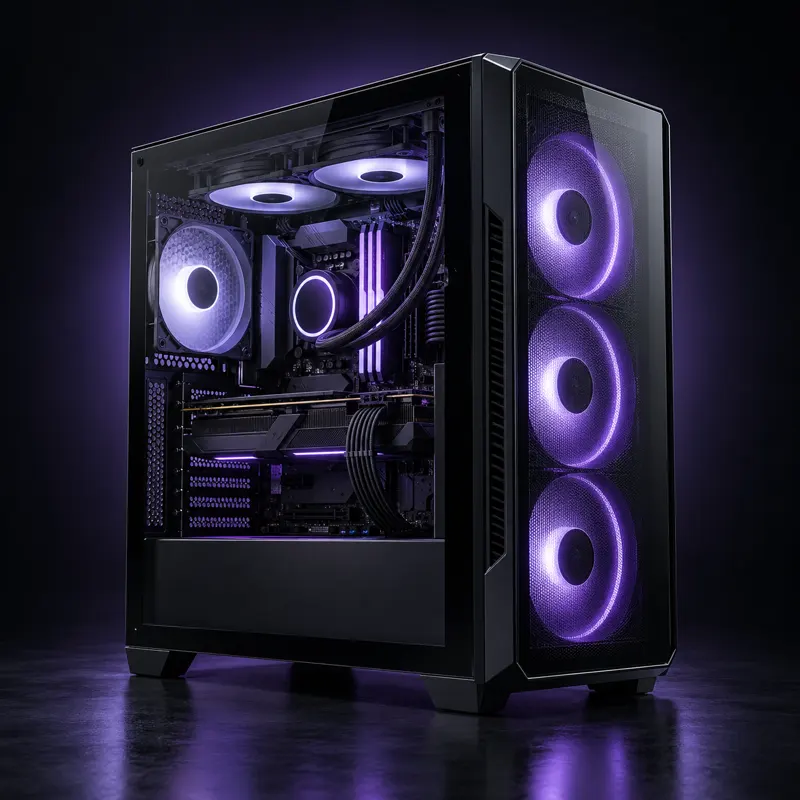 Illustratief voorbeeld van een gaming-PC met paarse verlichting